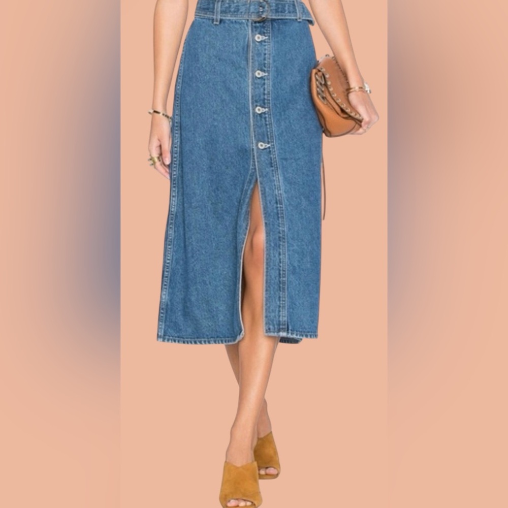 TULAROSA Alexis Maxi / MIDI Denim Skirt A line button-down looped belt open leg